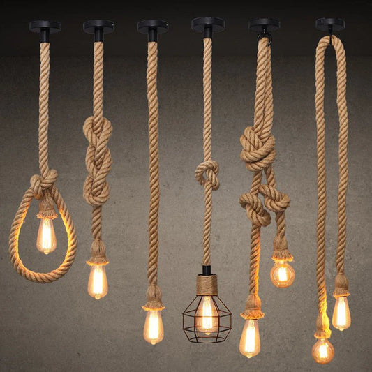 Vintage Industrial Hemp Rope Pendant Light