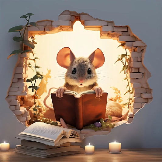 3D Reading Mouse Wall Sticker โ Cute Cartoon Animal Vinyl Home Decoration