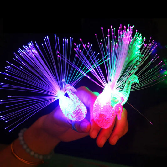5 Pcs Flashing Peacock Fiber Optic Finger Lights โ LED Glowing Toys for Kids