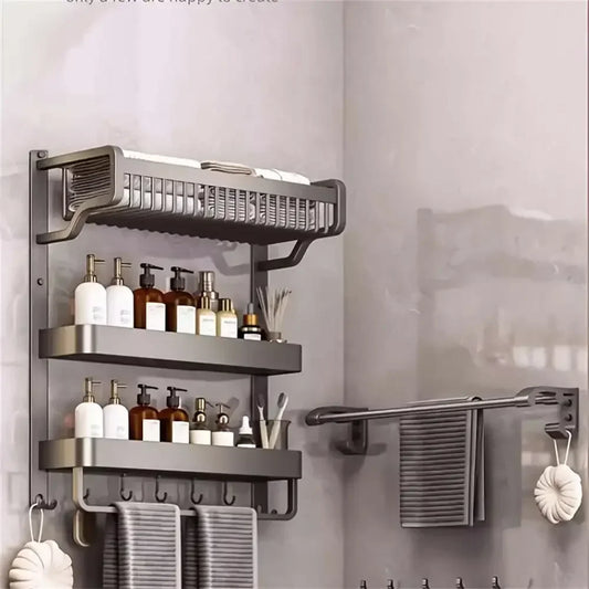 Triple-Shelf Bathroom Wall Storage Rack with Hooks