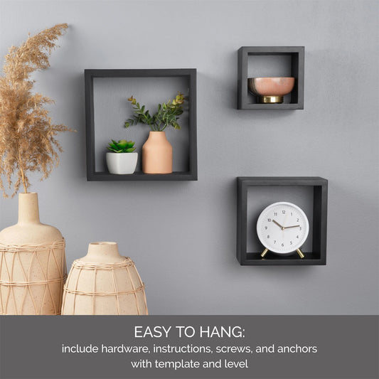 Set of 3 Wooden Cube Floating Shelves – Wall-Mounted Square Storage for Bedroom, Living Room & Kitchen