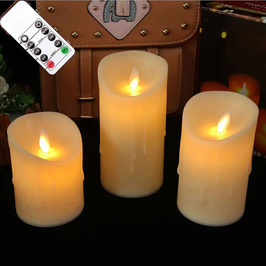 Pack of 3 Remote-Control LED Dancing Wick Candles – Battery Operated Realistic Flame Pillars