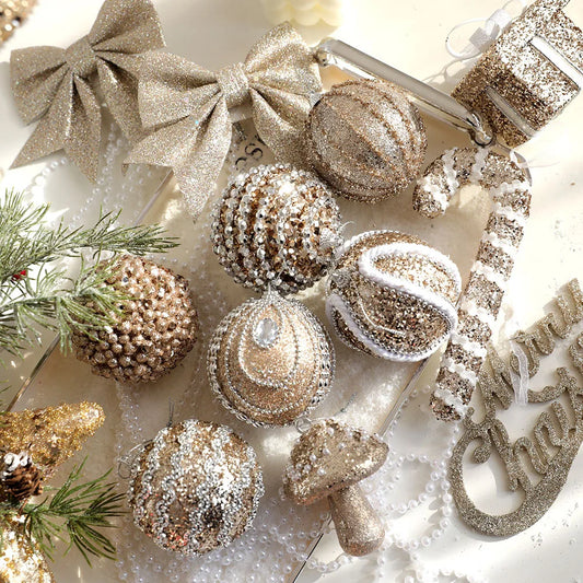 Champagne & Silver Glitter Christmas Hanging Ornaments