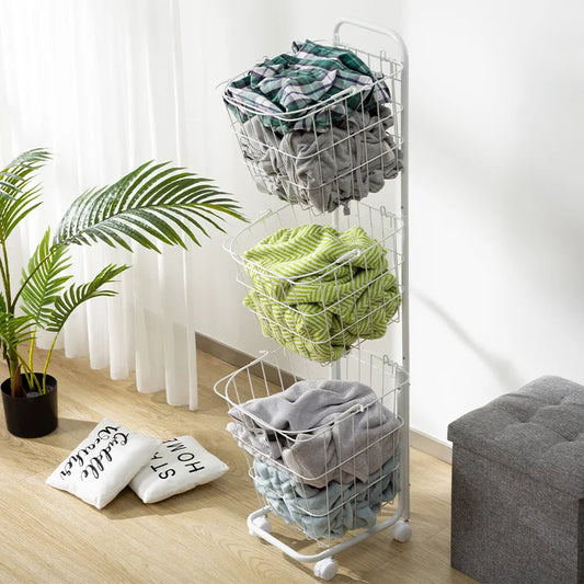 3-Tier Laundry Cart with Wheels & Storage Bins