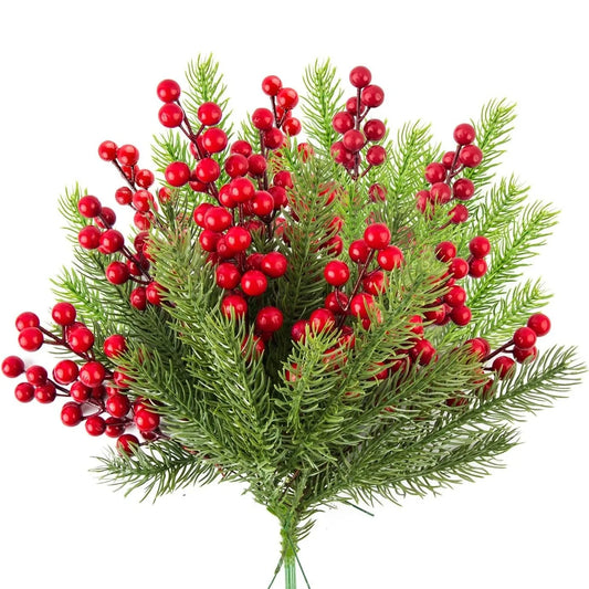 10Pcs Artificial Pine & Holly Berry Branches