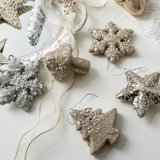 Champagne & Silver Glitter Christmas Hanging Ornaments
