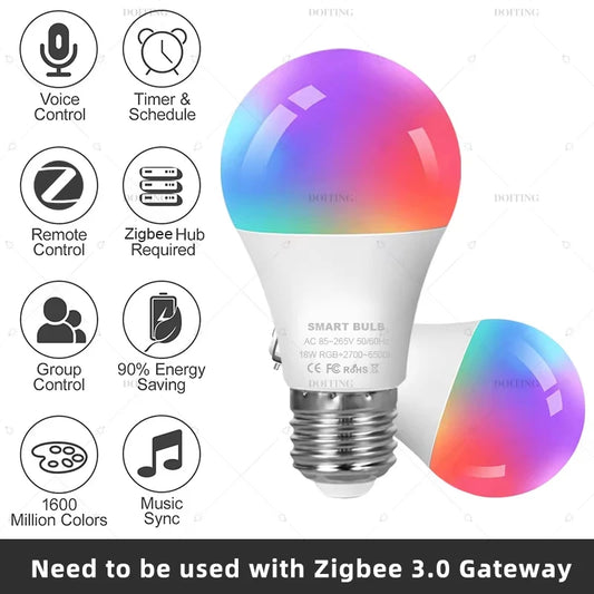 Zigbee 3.0 Smart LED Bulb – E27/B22 RGB/CW, Voice Control with Alexa & Google Home