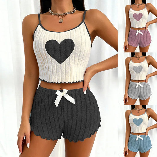 Heart Print Tank Top & Shorts Set – Casual Summer Two-Piece