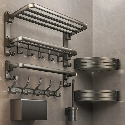 Bi-Fold 24" Wall-Mounted Towel Rack with Shelf & Hooks