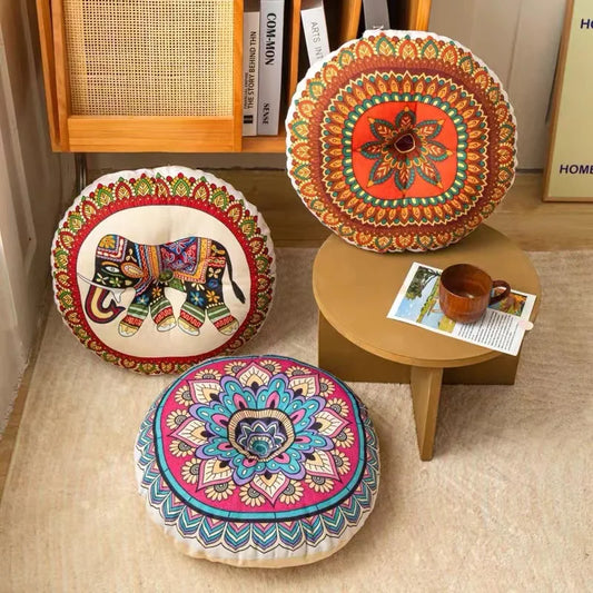 Vintage Round Futon Floor Cushion โ Retro Bohemian Tatami Seat