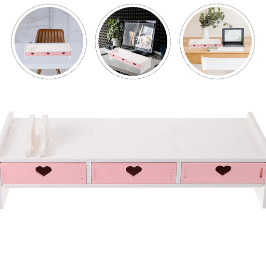 White & Pink Computer Desk Riser with Drawer