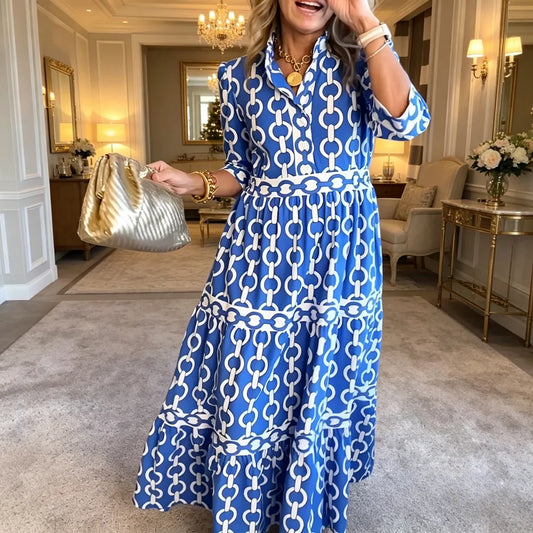Women's Geometric Print V-Neck Maxi Dress – Slim Fit Summer Style
