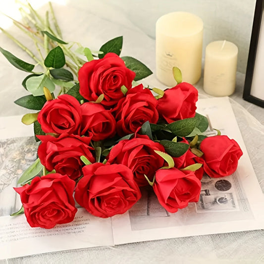 12pcs Realistic Artificial Rose Bouquet for Weddings, Birthdays