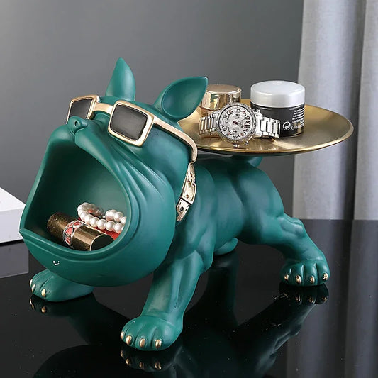 Resin Bulldog Statue with Storage Tray – Dog Sculpture Home Décor