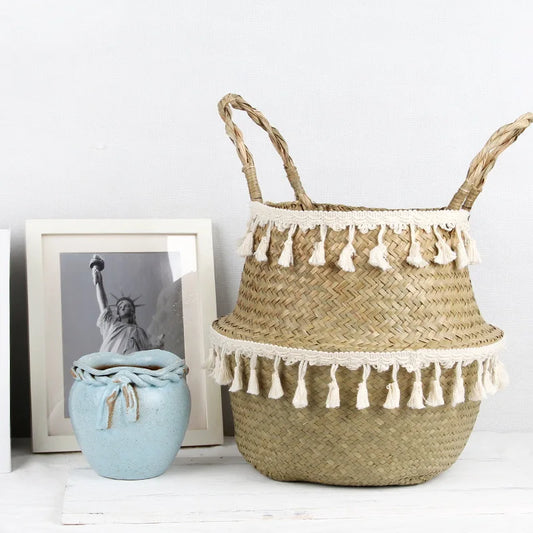 Boho Hand-Woven Rattan Storage Basket