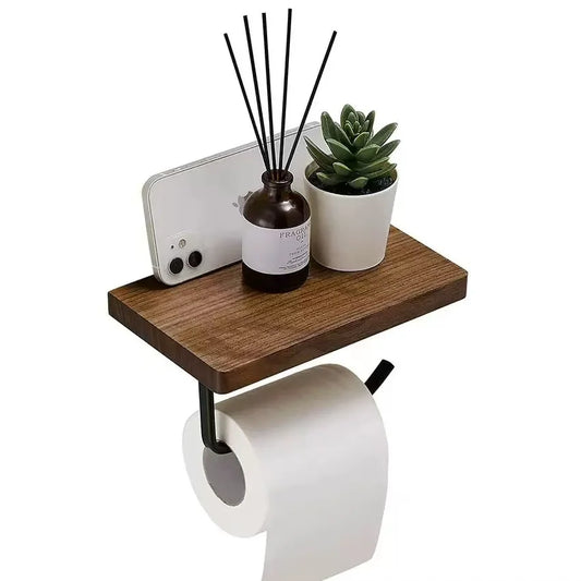 Stainless Steel Toilet Paper Holder with Walnut Wood Shelf
