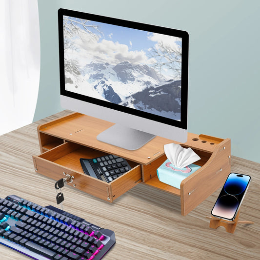 Wooden Monitor Stand with Lockable Drawer