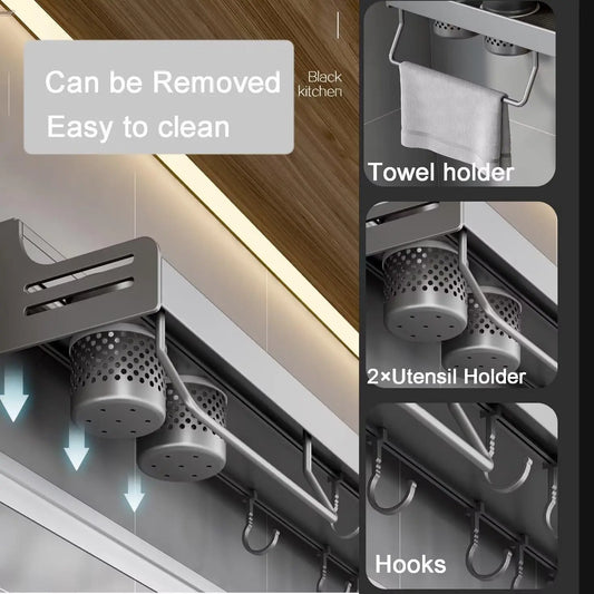 Wall-Mounted Kitchen Spice Rack with Hooks