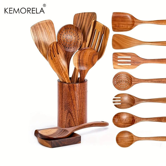 9PCS Teak Wooden Cooking Utensils Set with Holder