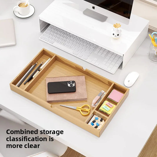 White Monitor Stand with Bamboo Drawer