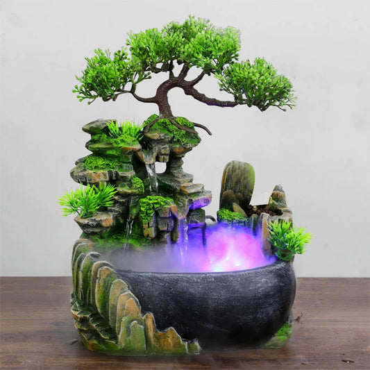 Feng Shui Tabletop Water Fountain – Desktop Flowing Water Ornament with Color-Changing LED Lights