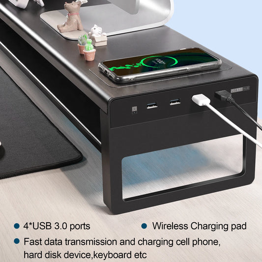 2-Tier Aluminum Monitor Stand with USB & Wireless Charging