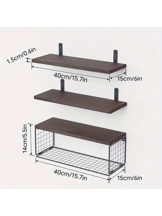Rustic Pine Floating Shelf with Basket