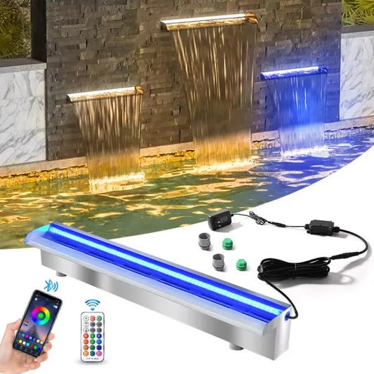 RGB Pool Waterfall Fountain – Stainless Steel Spillway 90/120cm for Swimming Pools, Garden Ponds & Outdoor Decoration