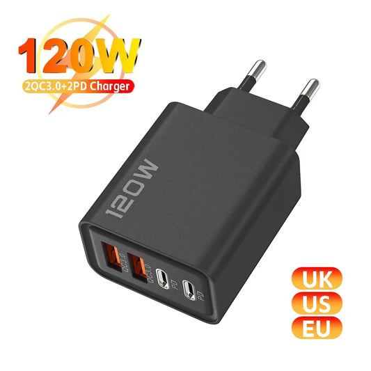 120W 4-Port Fast Wall Charger (PD + QC 3.0)