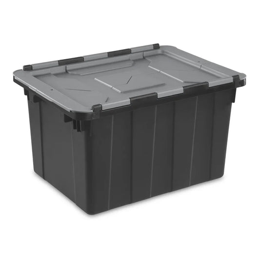 12-Gallon Heavy Duty Industrial Tote – Stackable Storage Container with Hinged Lid & Handles