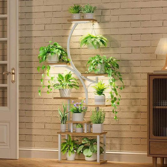 8-Tier Indoor Plant Stand with Grow Light – 62" Metal S-Shaped Rack