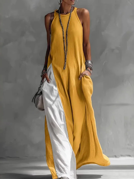 Color Block Off-Shoulder Sleeveless Casual Dress with Pockets