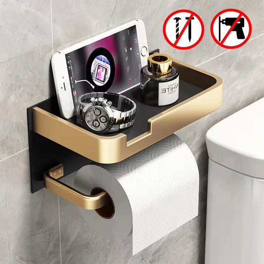 Aluminum Wall-Mount Toilet Paper Holder with Shelf – No Drill