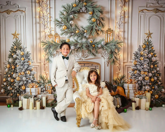 Gold Xmas Fireplace & Windows Backdrop