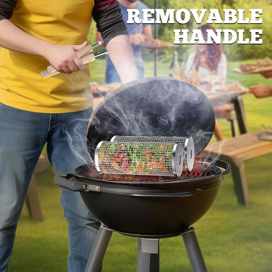 Rolling BBQ Grill Basket with Wooden Handle