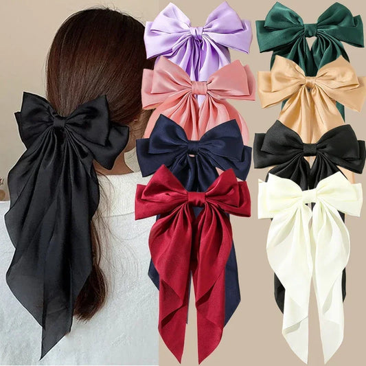 Korean Satin Bow Hair Clip – Elegant Long Ribbon Bowknot Barrette for Women & Girls