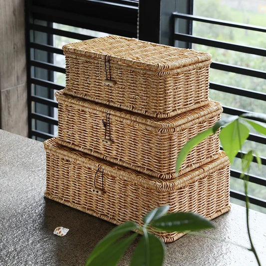 Large Rattan Woven Storage Basket with Lid – Stackable Organizer for Toys & Sundries
