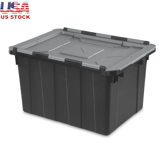 12-Gallon Heavy Duty Industrial Tote – Stackable Storage Container with Hinged Lid & Handles