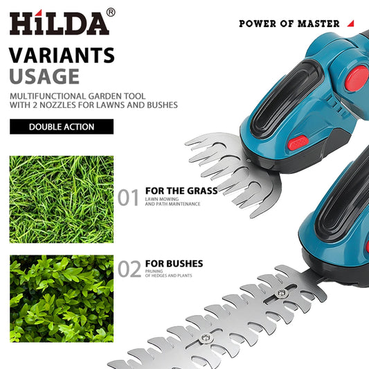 HILDA 2-in-1 Cordless Electric Hedge Trimmer & Pruning Shear – Handheld Shrub Mower & Weeding Tool, Compatible with Makita 18V Battery