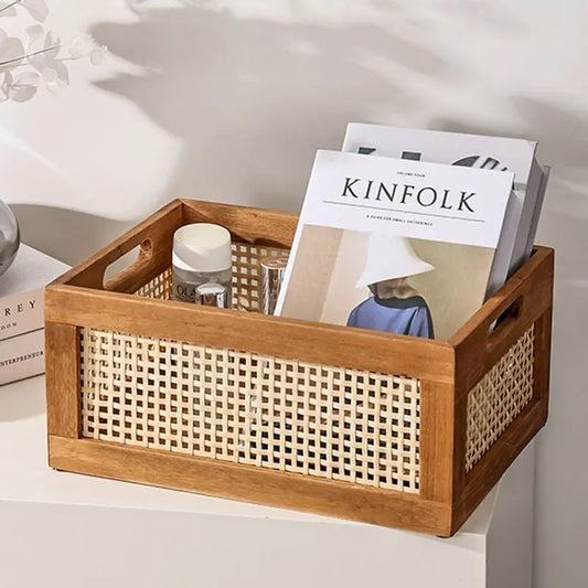 Retro Solid Wood & Rattan Storage Box