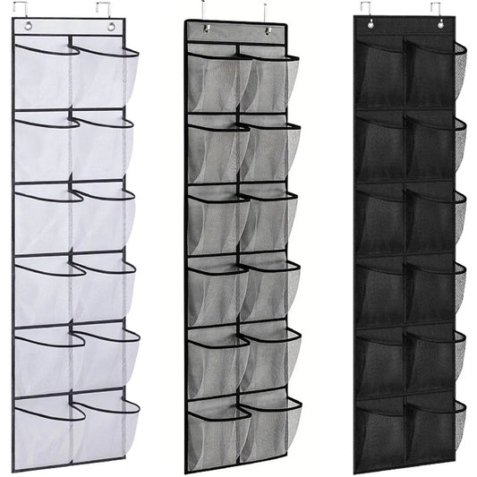 12-Pocket Over-the-Door Shoe Organizer – Transparent Mesh Storage with Hooks