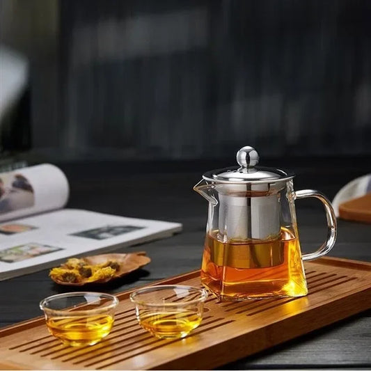 Heat-Resistant Glass Teapot with Stainless Steel Infuser – Clear Tea Kettle with Square Filter Basket