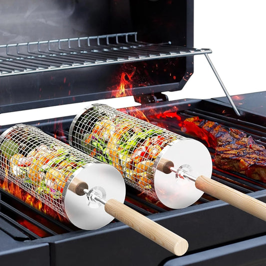 Rolling BBQ Grill Basket with Wooden Handle
