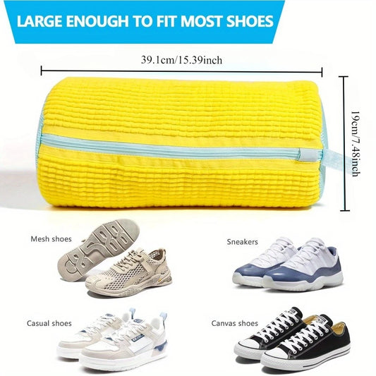 Durable Shoe Laundry Bag – Yellow with Blue Zipper, Washable Mesh Bag for Sneakers & Casual Shoes