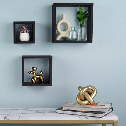 Set of 3 Wooden Cube Floating Shelves – Wall-Mounted Square Storage for Bedroom, Living Room & Kitchen