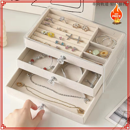 Acrylic Velvet Jewelry Organizer – 3-Drawer Stackable Display for Earrings, Necklaces & Bracelets