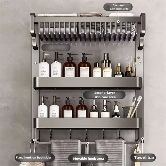 Triple-Shelf Bathroom Wall Storage Rack with Hooks
