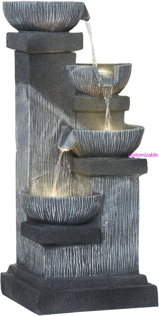 "33.5'' Tall 4-Tier Outdoor Water Fountain – Resin Cascading Bowls with LED Lights and Pump for Garden"

Tags (short):