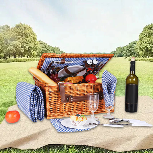 Handwoven Picnic Basket Kit for 4 with Blanket & Utensils