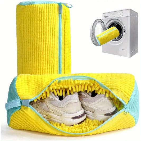 Durable Shoe Laundry Bag – Yellow with Blue Zipper, Washable Mesh Bag for Sneakers & Casual Shoes